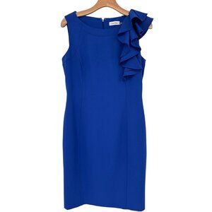 Calvin Klein Womens Blue Sleeveless Sheath Dress Ruffle Detail Size 8